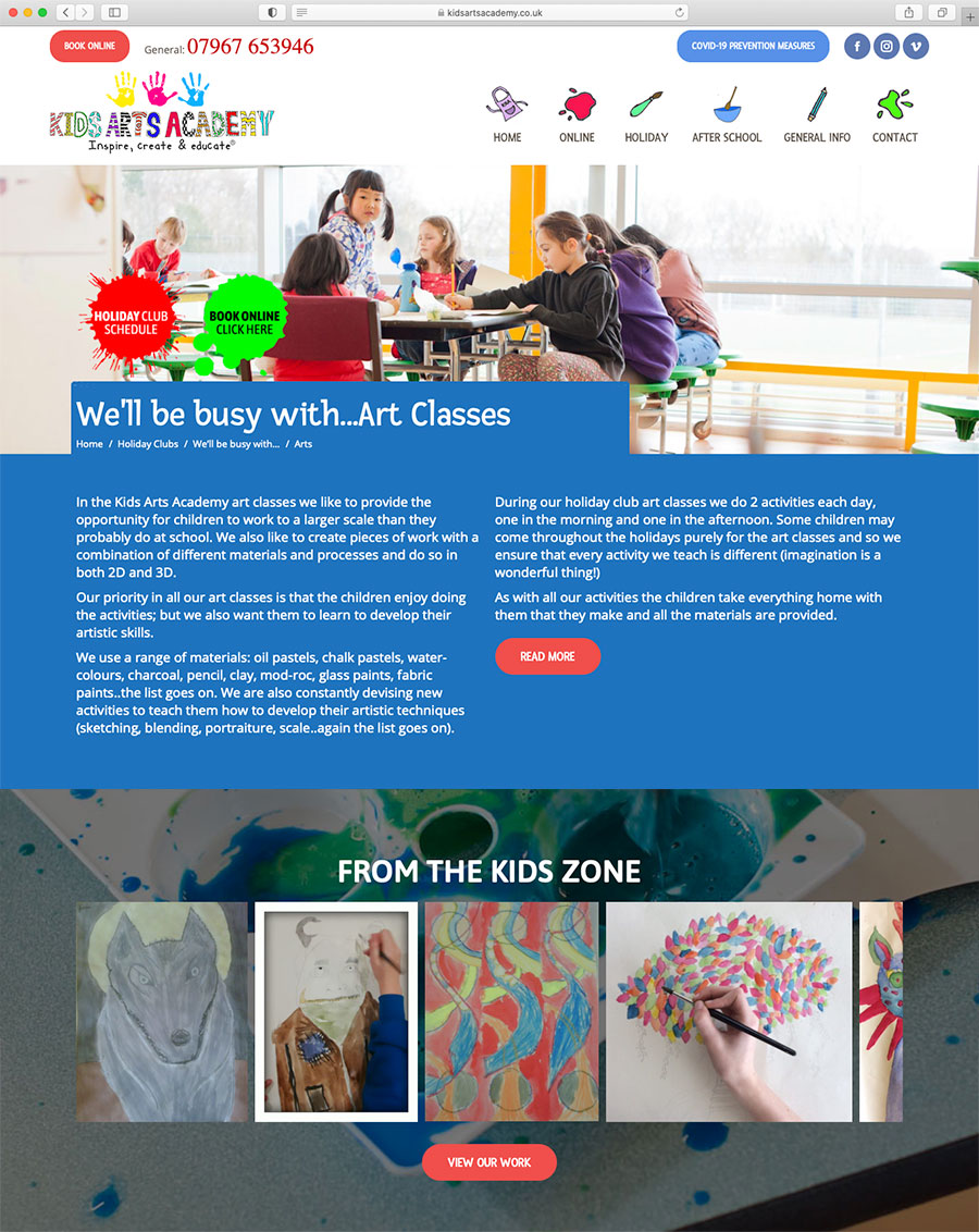 Kids Arts Academy - Art Classes website page